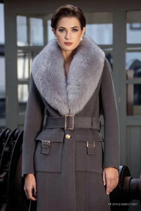 Abrigo Gris Oscuro con Cuello de Zorro Natural y Cinturón – Loco Luxo