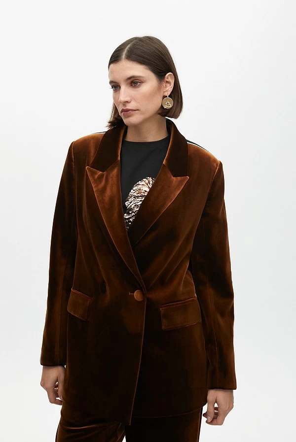 Americana de terciopelo marrón con detalle de rayas en manga – Lola Casademunt
