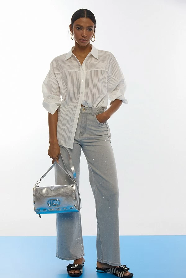 Bandolera Metalizada Plateada con Tachas Rectangulares