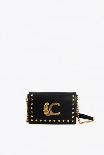 Bandolera Negra con Solapa, Tachas Doradas y Logo Animal Bandolera Negra con Solapa, Tachas Doradas y Logo Animal