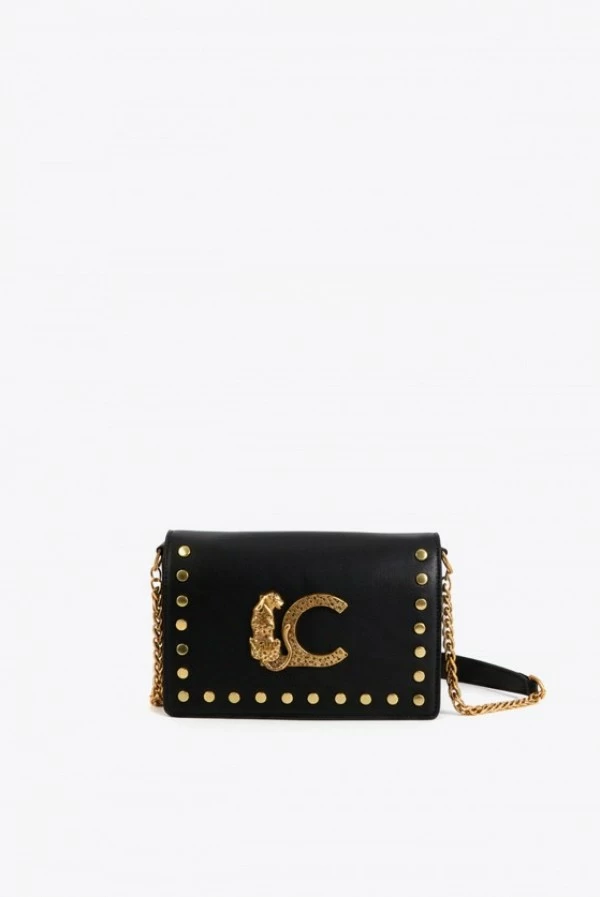 Bandolera Negra con Solapa, Tachas Doradas y Logo Animal