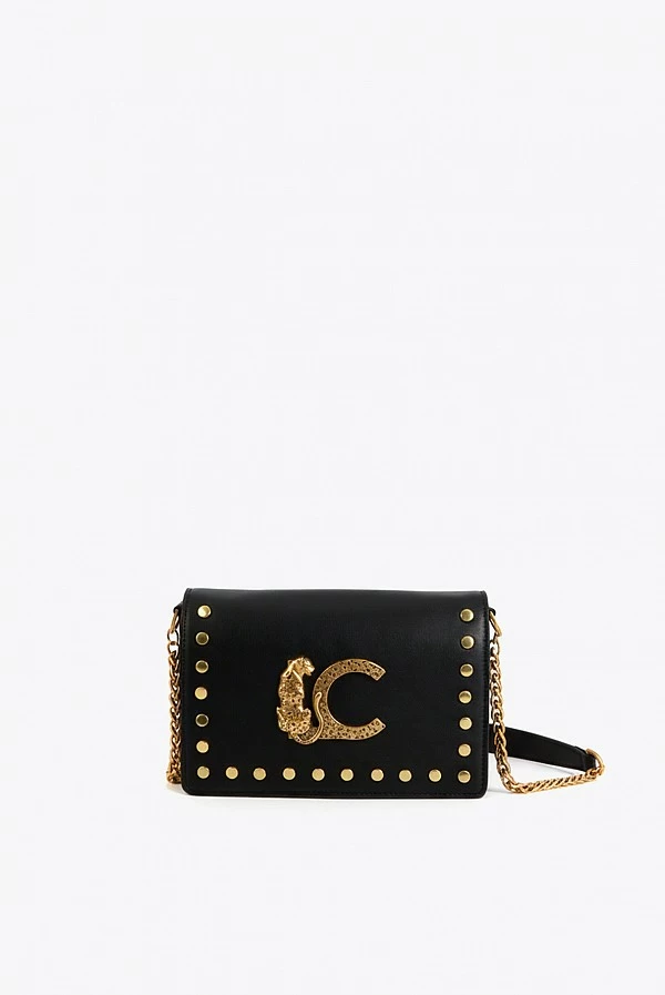 Bandolera Negra con Solapa, Tachas Doradas y Logo Animal