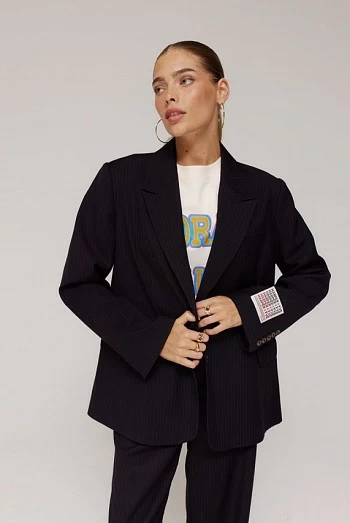 Blazer oversize ANNA en raya diplomática negro y azul vintage – harper and yve