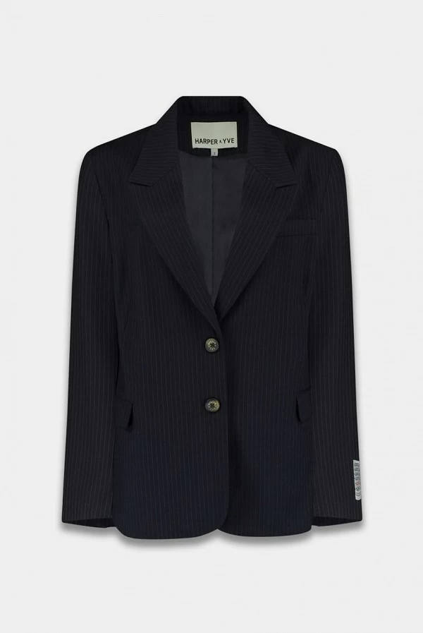 Blazer oversize ANNA en raya diplomática negro y azul vintage – harper and yve