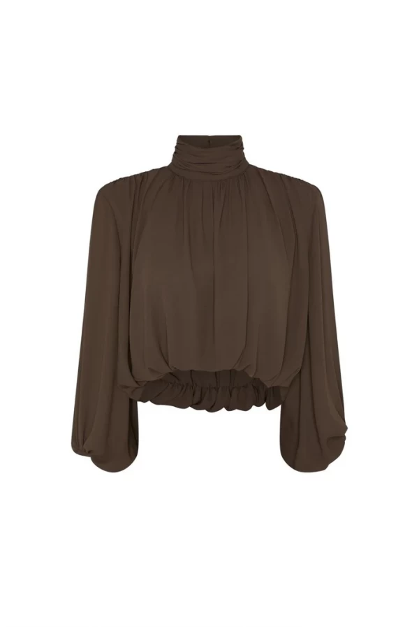 Blusa Marrón Oscuro con Cuello Drapeado y Manga Globo masavi