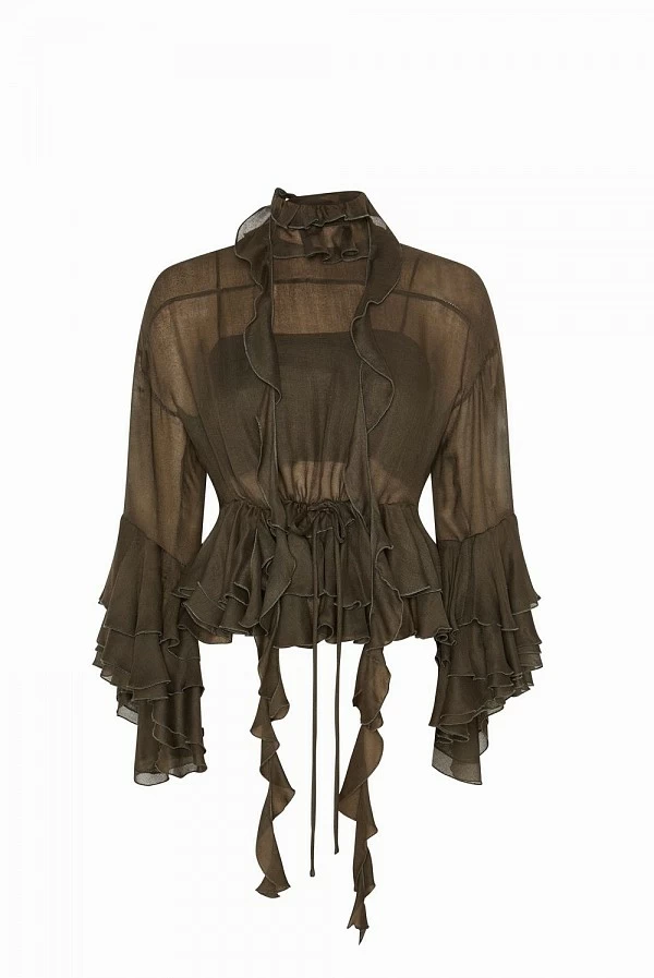 Blusa marrón oscuro semitransparente con volantes y top interior masavi