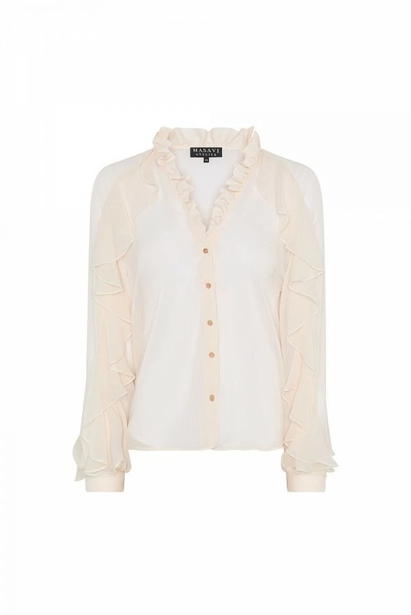 Blusa nude semitransparente con volantes y escote en V masavi