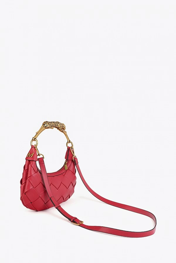 Bolso Media Luna Rojo Trenzado con Asa Leopardo