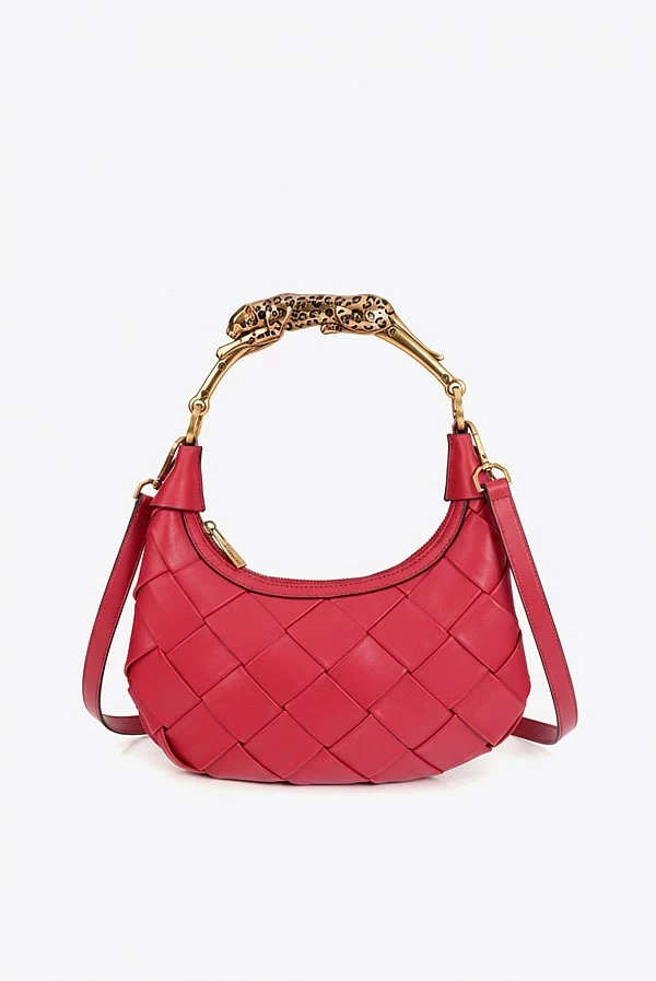 Bolso Media Luna Rojo Trenzado con Asa Leopardo