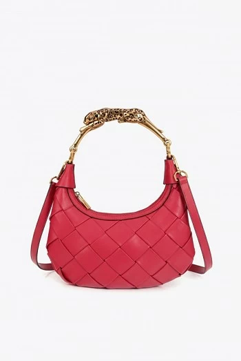 Bolso Media Luna Rojo Trenzado con Asa Leopardo