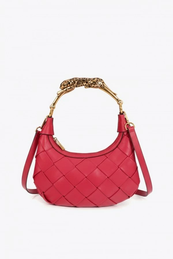 Bolso Media Luna Rojo Trenzado con Asa Leopardo