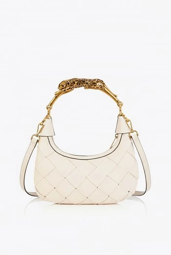 Bolso Media Luna Trenzado con Asa Leopardo Dorada