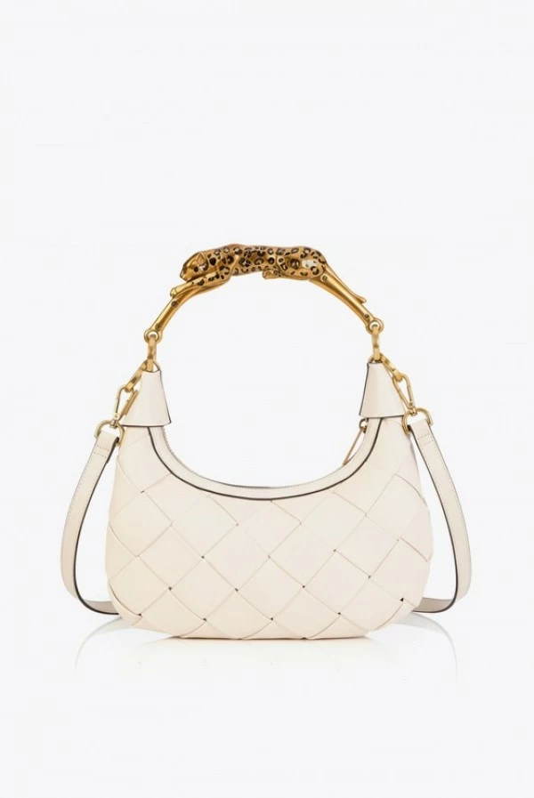 Bolso Media Luna Trenzado con Asa Leopardo Dorada