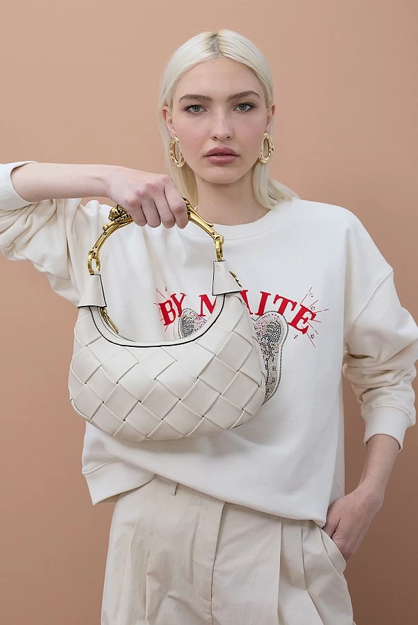 Bolso Media Luna Trenzado con Asa Leopardo Dorada