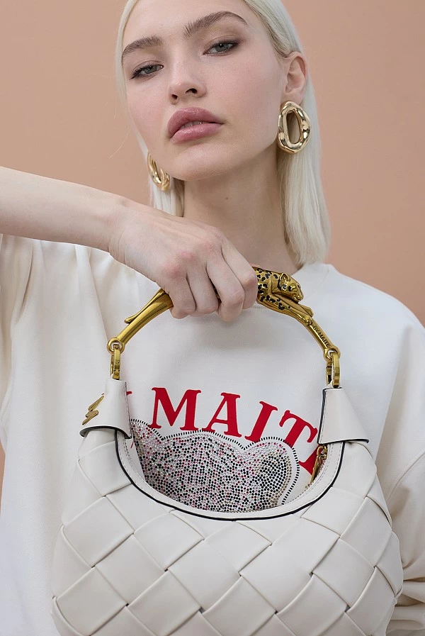 Bolso Media Luna Trenzado con Asa Leopardo Dorada