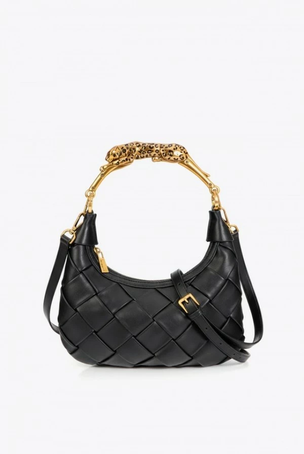 Bolso Media Luna Trenzado Negro con Asa Leopardo Dorada