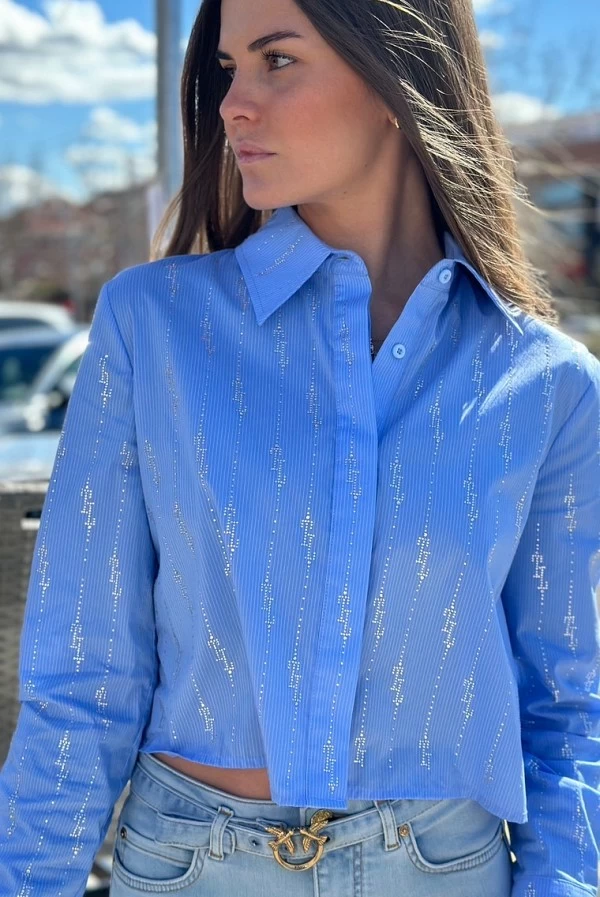 Camisa trash and luxury azul con strass brillante