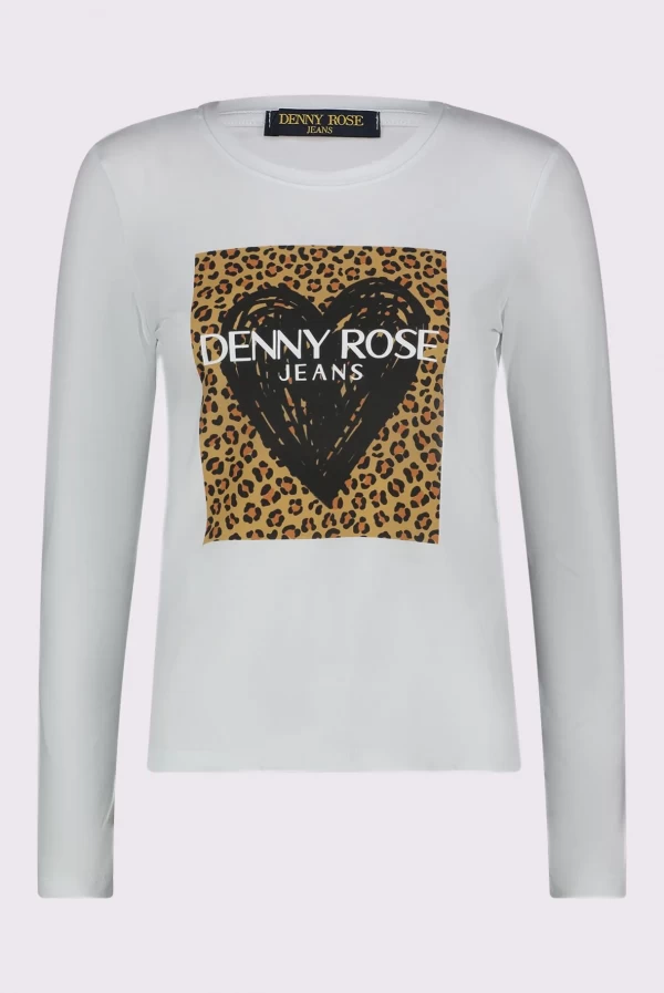 Camiseta blanca manga larga Denny Rose con estampado animal print y corazón