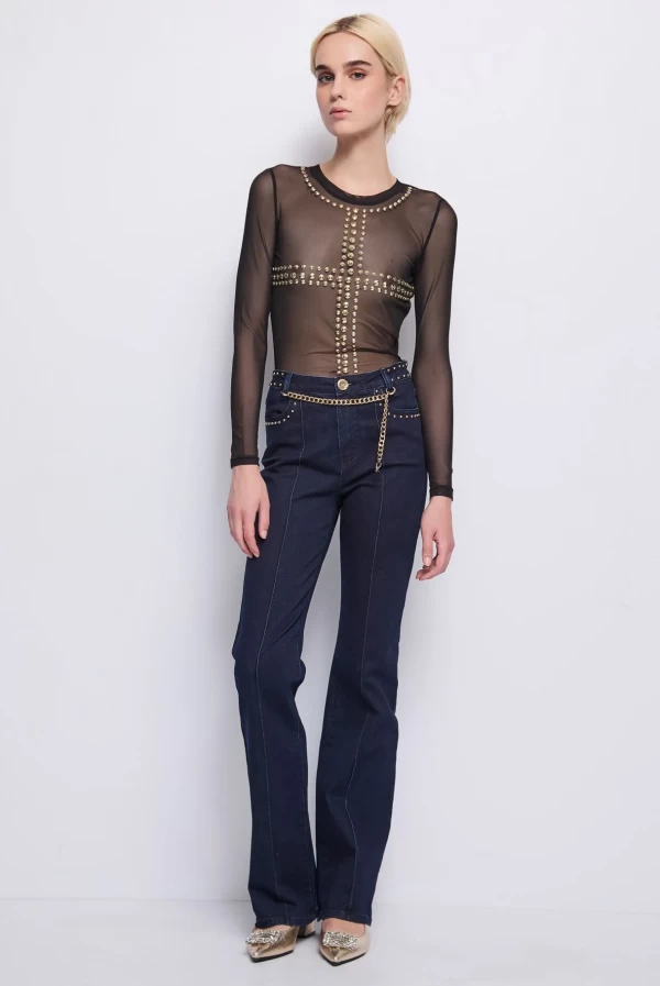 Camiseta de Tul Elástico con Cruz de Tachuelas Denny Rose