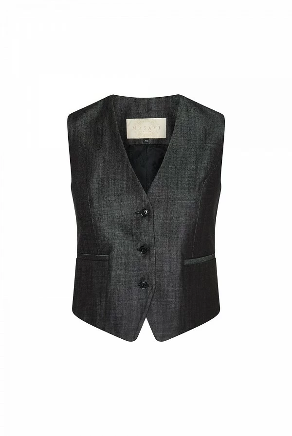 Chaleco entallado en efecto denim negro con escote en pico – masavi