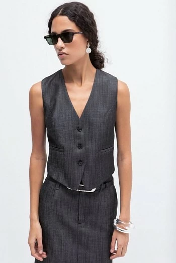 Chaleco entallado en efecto denim negro con escote en pico – masavi Chaleco entallado en efecto denim negro con escote en pico – masavi