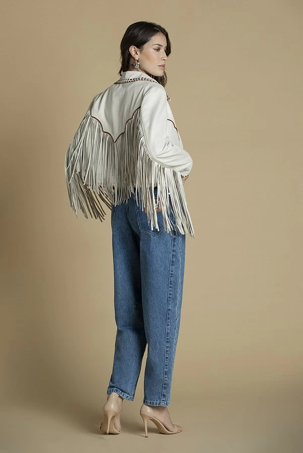 Chaqueta Étnica de Piel con Flecos Sahoco