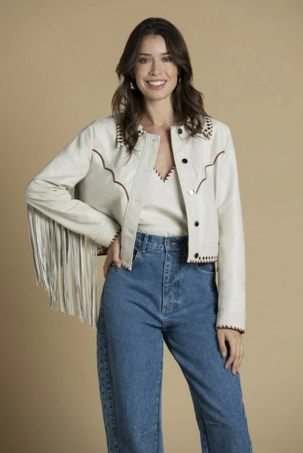 Chaqueta Étnica de Piel con Flecos Sahoco