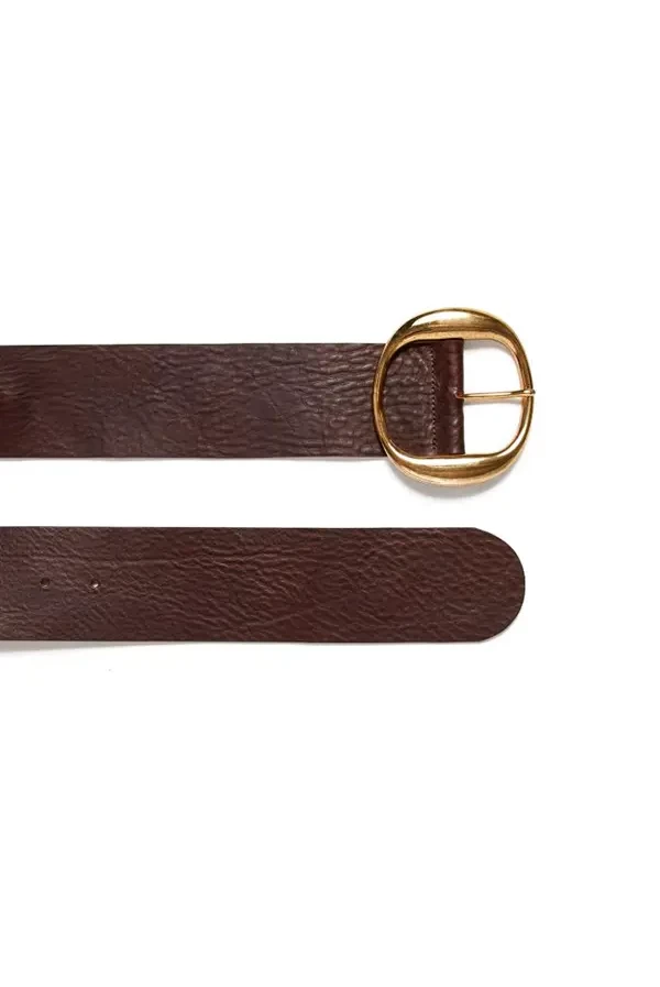 Cinturón ancho de piel marrón oscuro con hebilla ovalada dorada – Aniye By