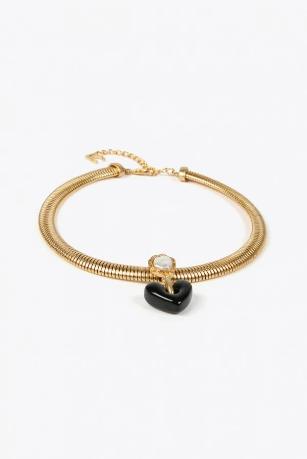 Collar Elástico Dorado con Corazón Negro y Maxi Perla Lola Casademunt