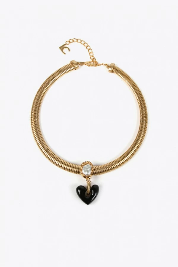 Collar Elástico Dorado con Corazón Negro y Maxi Perla Lola Casademunt