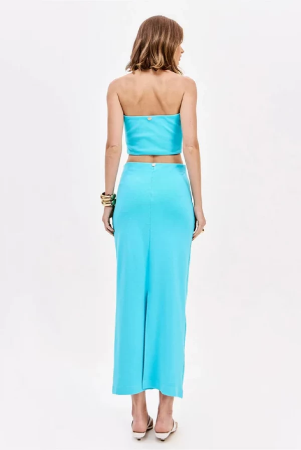 Conjunto Lança Perfume turquesa top palabra de honor y falda Conjunto Lança Perfume turquesa top palabra de honor y falda