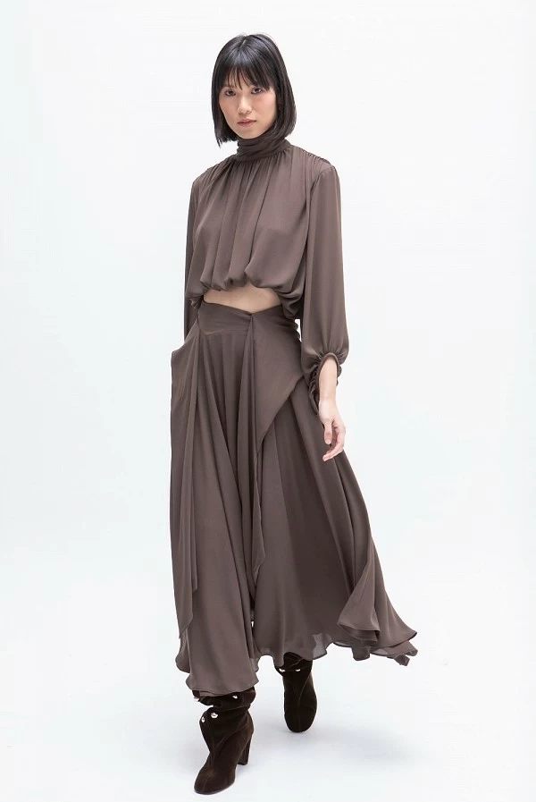 Falda midi marrón con lazo y bajo asimétrico MASAVI Falda midi marrón con lazo y bajo asimétrico MASAVI