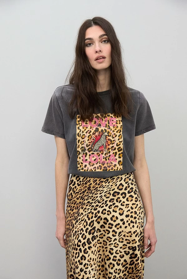 Falda Midi Satinada con Estampado Animal