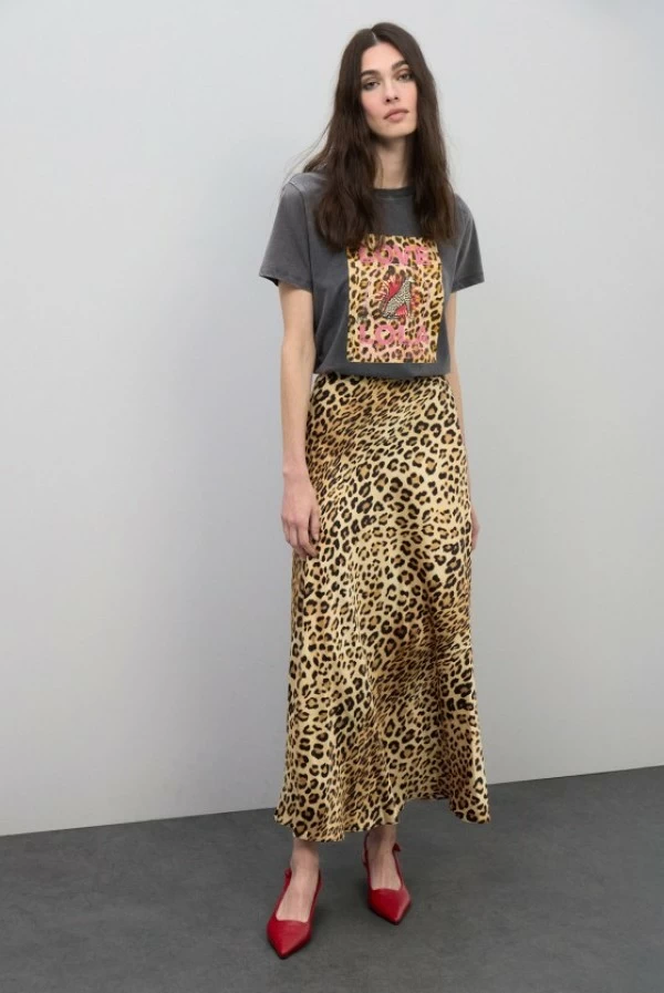 Falda Midi Satinada con Estampado Animal