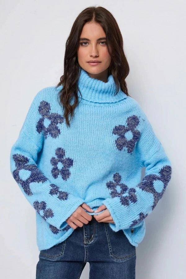 Jersey Azul Denny Rose con Estampado Floral en Jacquard y Lúrex