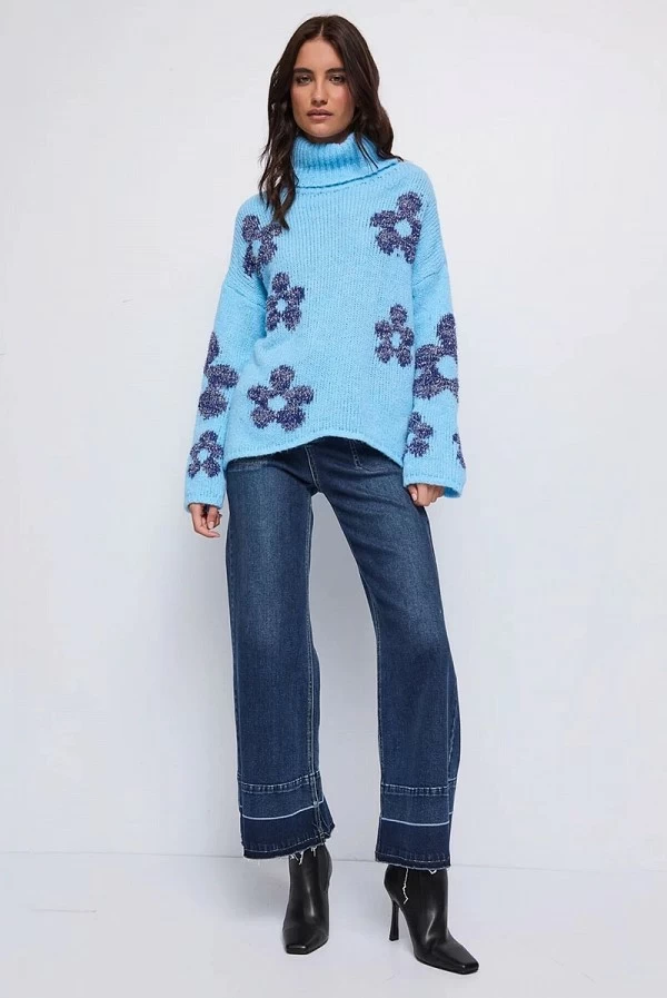 Jersey Azul Denny Rose con Estampado Floral en Jacquard y Lúrex