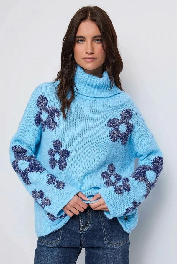 Jersey Azul Denny Rose con Estampado Floral en Jacquard y Lúrex