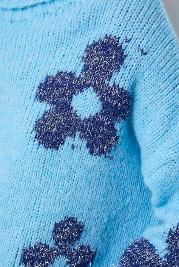 Jersey Azul Denny Rose con Estampado Floral en Jacquard y Lúrex