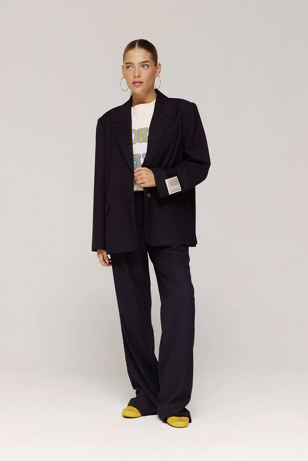 Pantalón FREDERIQUE recto en raya diplomática negro y azul vintage – harper and yve