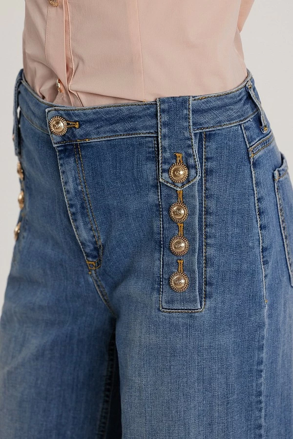 Pantalón Palazzo Talle Alto Mujer con Botones Denim