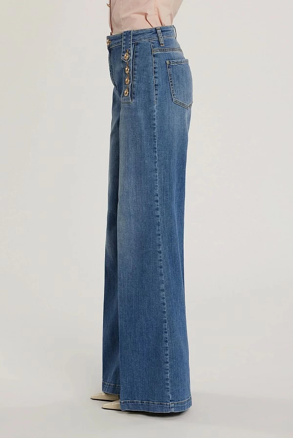 Pantalón Palazzo Talle Alto Mujer con Botones Denim