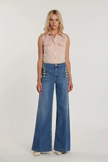 Pantalón Palazzo Talle Alto Mujer con Botones Denim