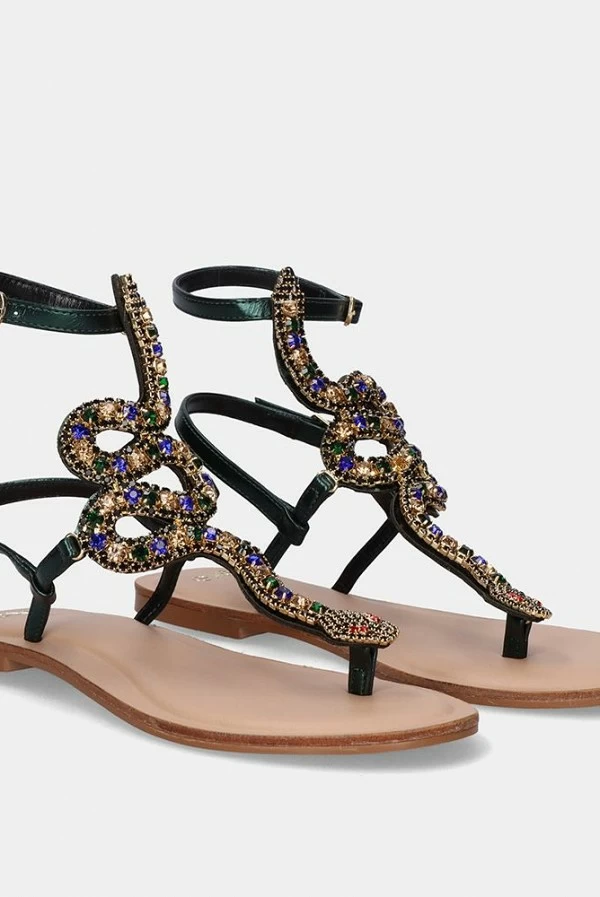 Sandalia Plana Angelina-129 Olive con Strass Serpiente