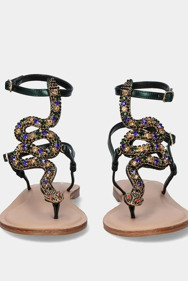 Sandalia Plana Angelina-129 Olive con Strass Serpiente