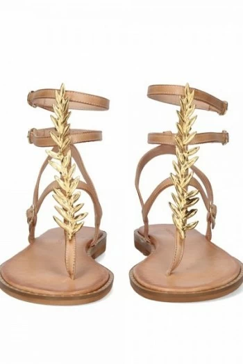 Sandalia Plana Estilo Romano Mujer – Exé con Hoja Dorada