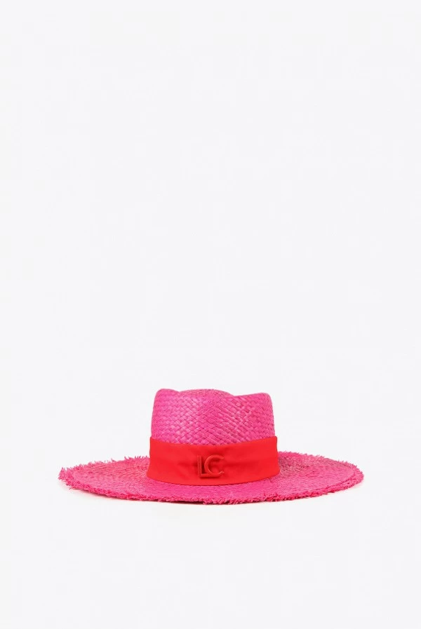 Sombrero lola casademunt rosa de ala ancha con cinta decorativa y logo