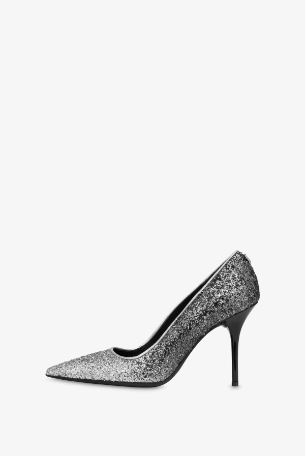 stiletto glitter plata y negro Love Moschino