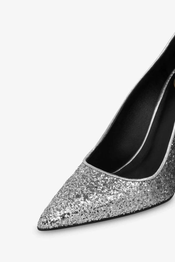 stiletto glitter plata y negro Love Moschino