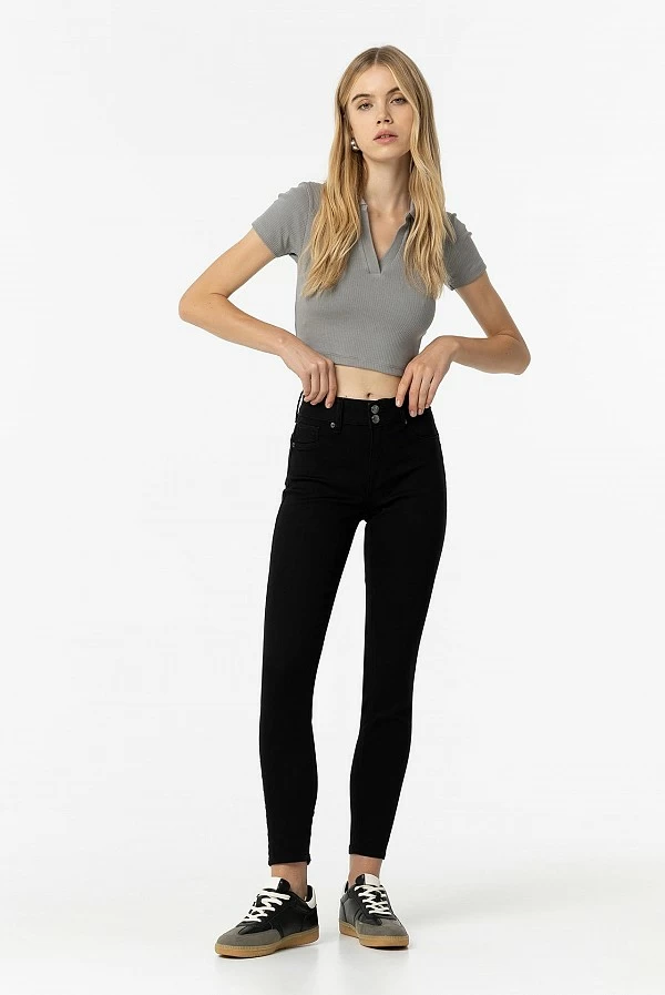 Vaqueros Double-Up negros de cintura alta y pernera skinny – Tiffosi