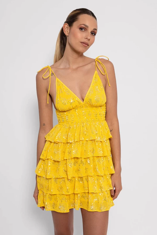 Vestido Corto Amarillo con Volantes y Lentejuelas – Sundress